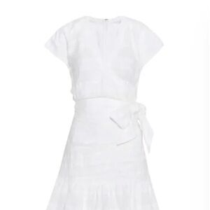 Veronica Beard Shadow Wrap Mini Dress Womens 4 White V-Neck Extended Shoulder.